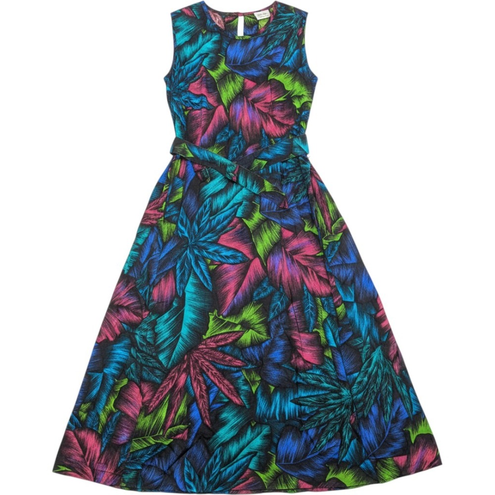 Caliche Collection Tropical Leaf‎ Print Sleeveless Belted Maxi Dress Pockets L